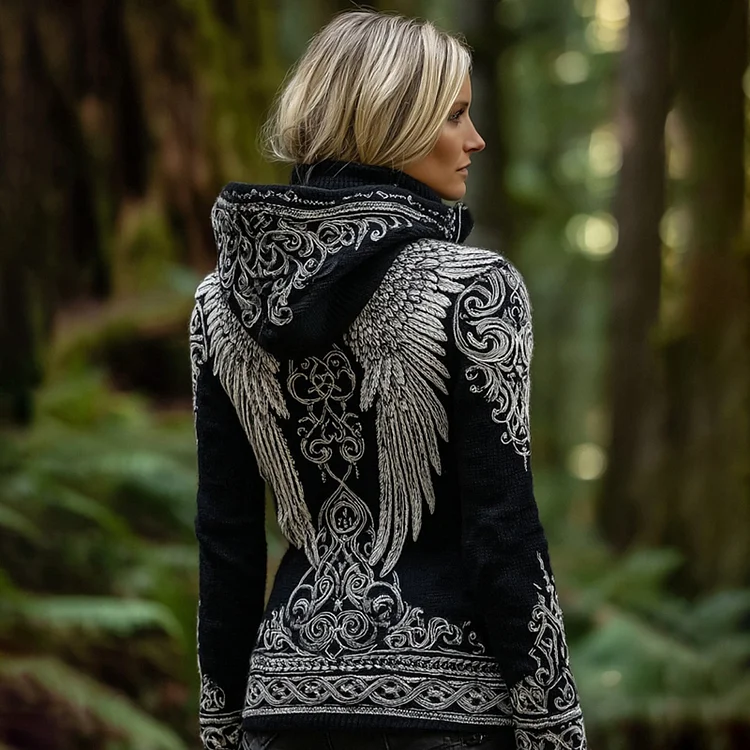 Women's Viking Wings Art Knit Cozy Hooded Sweater