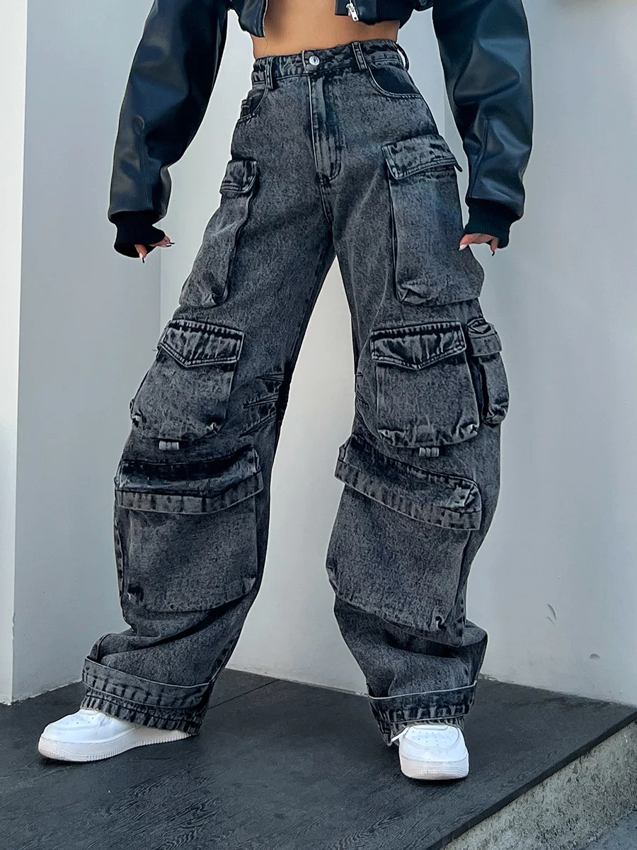 Zingj Zingj New 2024 Stylish High-Waist Straight Leg Loose Casual Denim Wide-Leg Pants