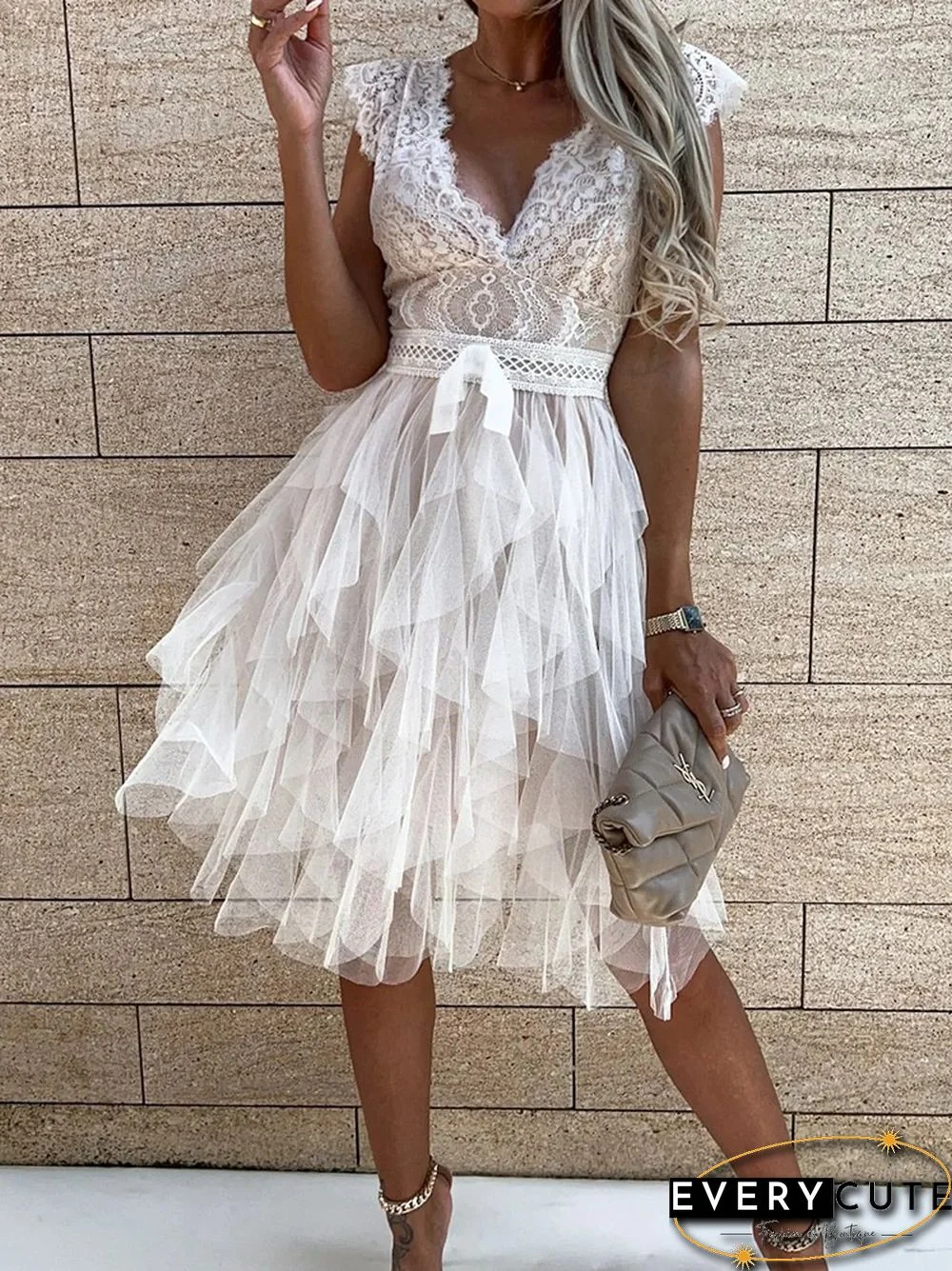 Pleated Dress Women Summer Deep V-Neck Sweet Sleeveless Solid Ladies Party Dress Lace Sexy Holiday Streetwear Dropshipping