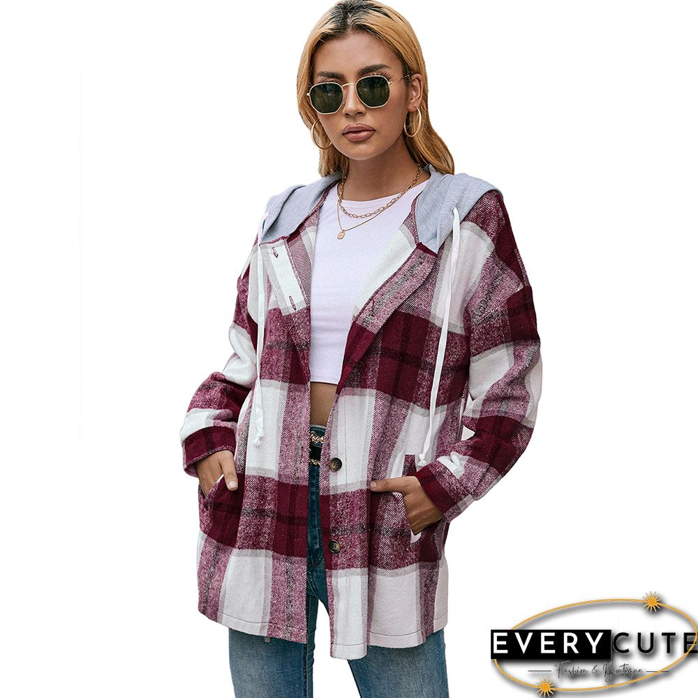 Wine Red Plaid Hooded Shirt Jacket