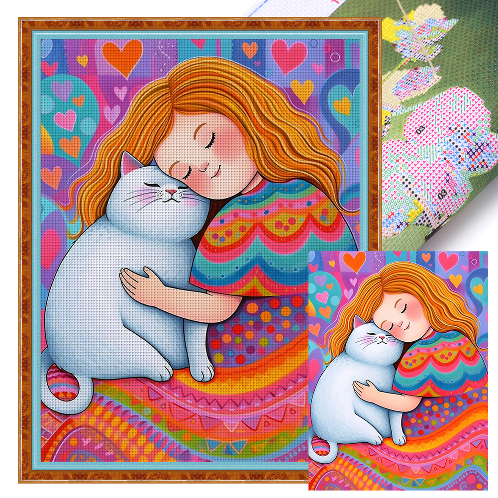 Girl And Cat Full 11CT Pre-stamped Canvas(45*60cm) Cross Stitch
