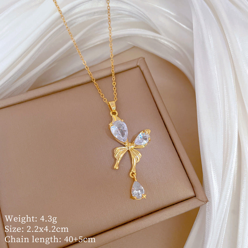 Butterfly Tassel Full Diamond Gorgeous Full Diamond Necklace Women’S Versatile Clavicle Chain Titanium Steel Chain