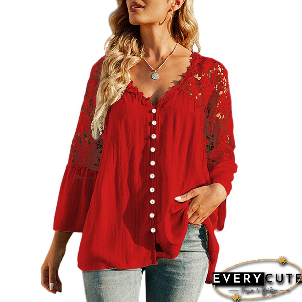 Red Lace Crochet V Neck Long Sleeve Blouse
