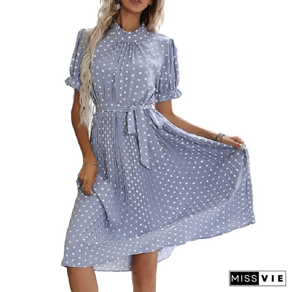 Casual Womens Summer Dress Pleated Short Sleeve New Chic Elegant Fashion Lace-up Polka Dot