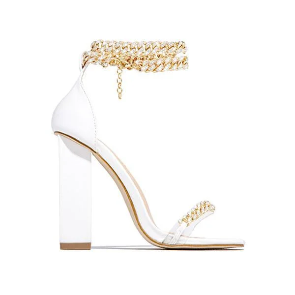 Chain Embellished Ankle Strap Chunky Heels