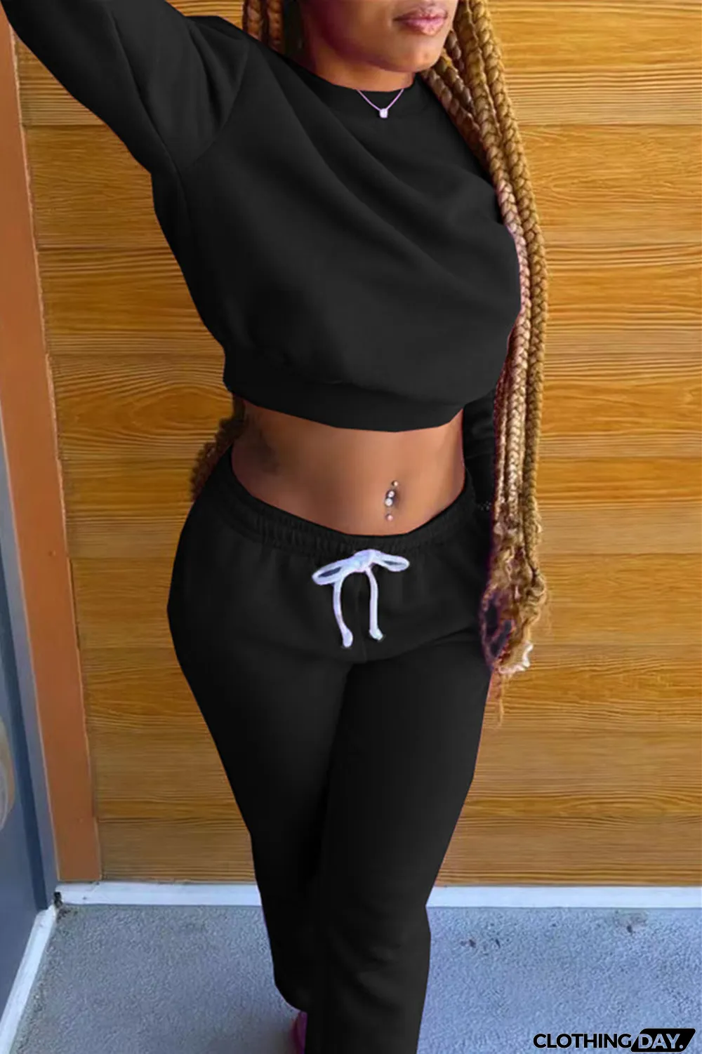 Black Fashion Casual Solid Hot Drill O Neck Long Sleeve Two Pieces