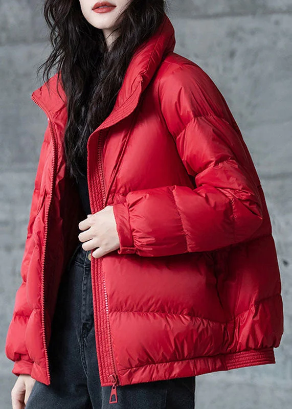 Red Loose Duck Down Puffers Jackets Stand Collar Zip Up Winter
