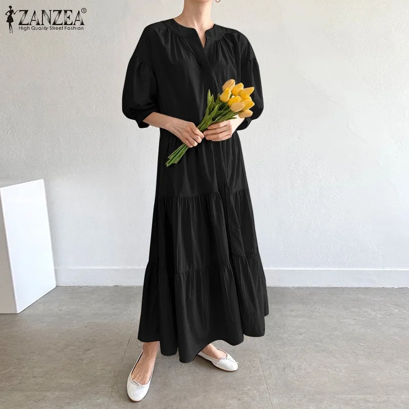 Women Casual Half Lantern Sleeve Sundress ZANZEA Elegant O Neck Solid Shirt Dress Spring Ruffle Vocation Vestidos Beach Kaftan