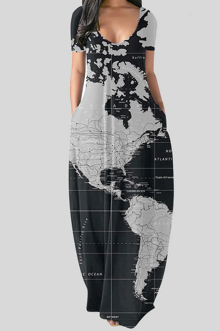 Black Gray Casual Print Patchwork V Neck Straight Dresses