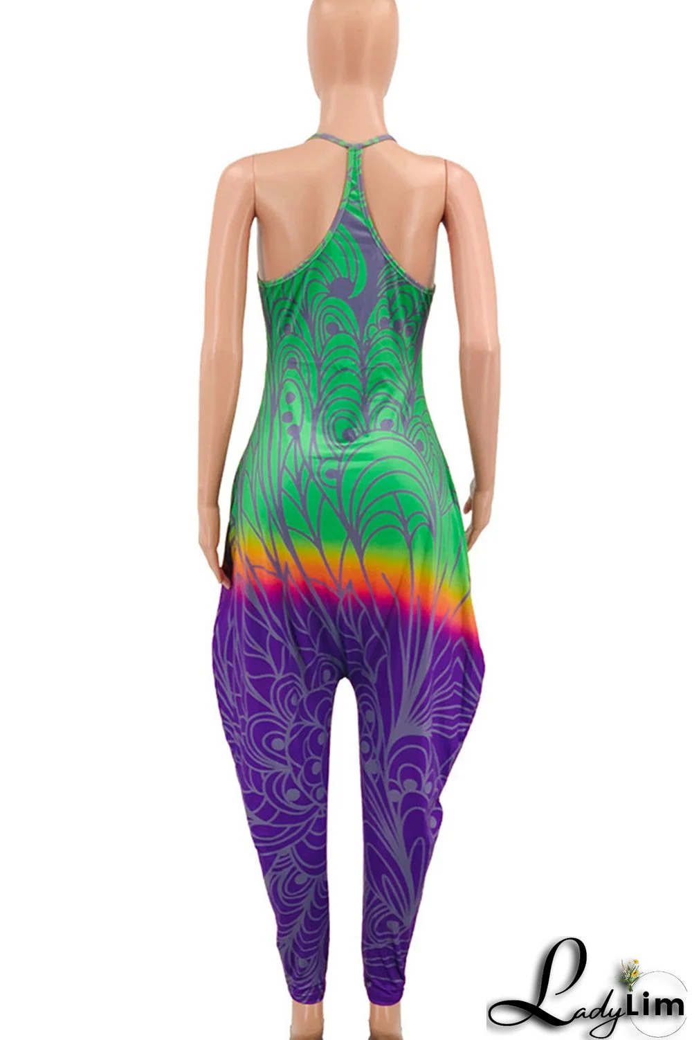 Green Casual Gradual Change Print Patchwork Spaghetti Strap Harlan Jumpsuits