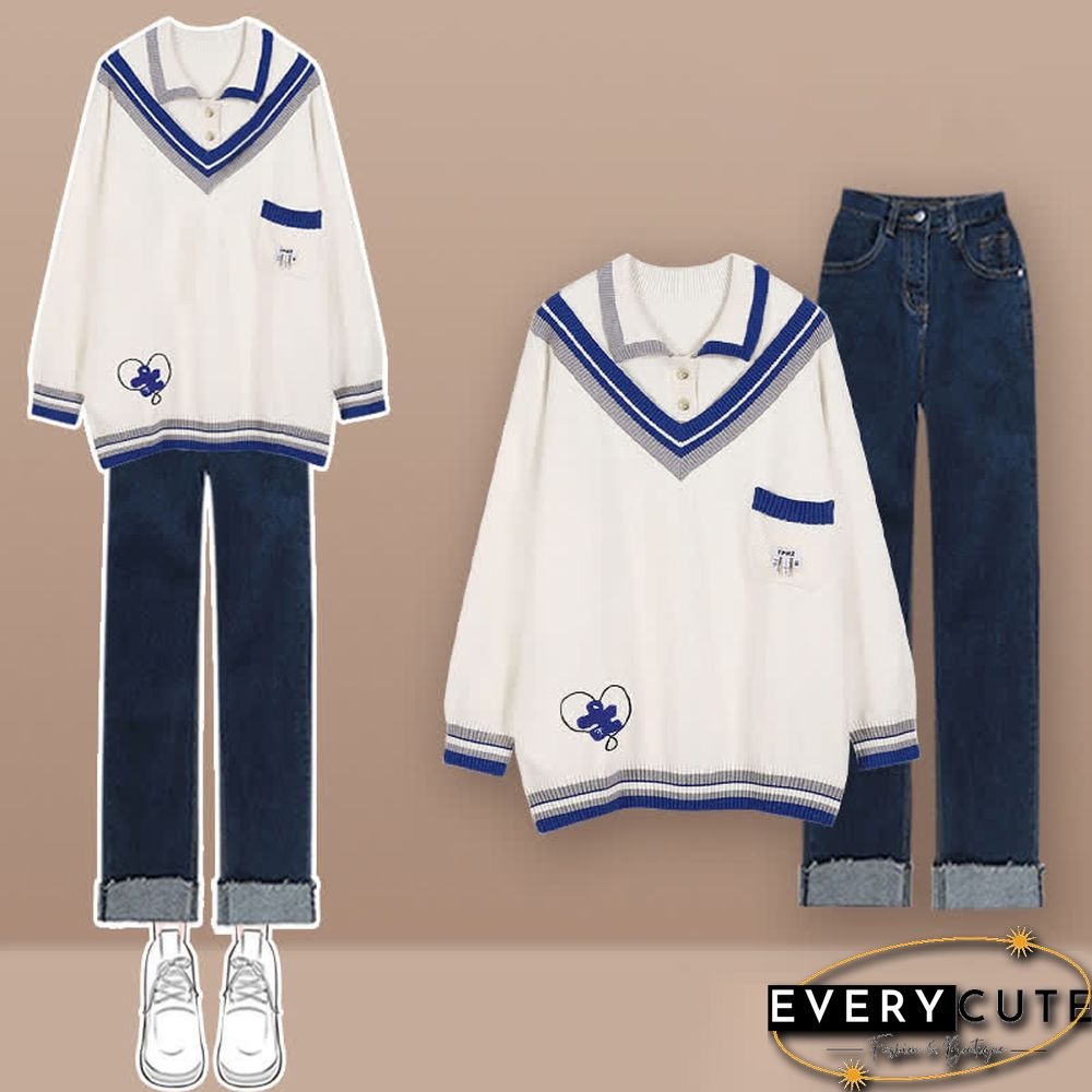Colorblock Polo Knit Sweater Denim Pants Two Pieces Set