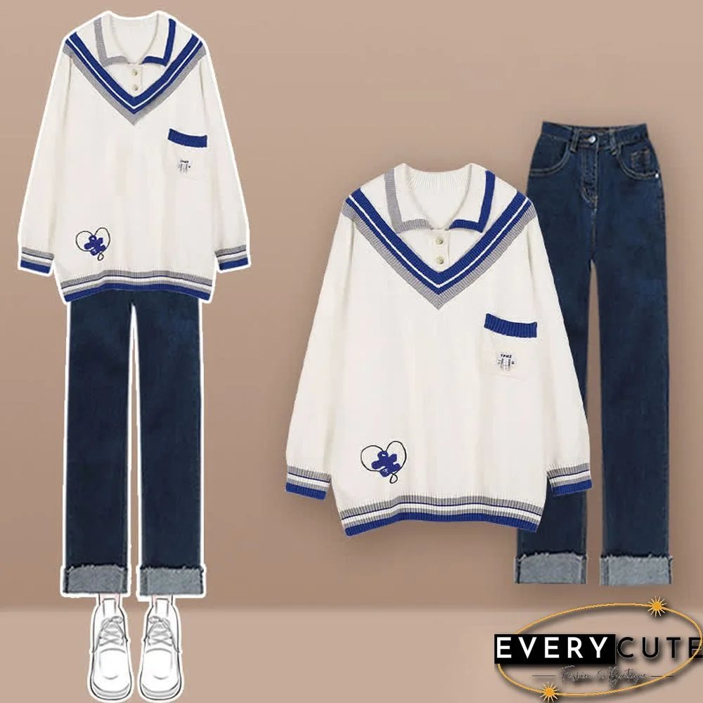 Colorblock Polo Knit Sweater Denim Pants Two Pieces Set