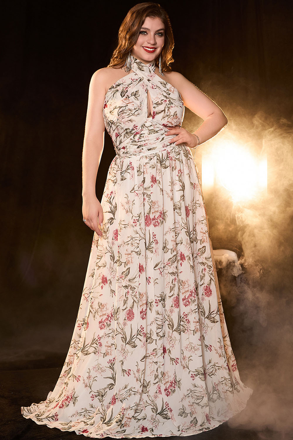 Plus Size Formal White Floral Plant Print Halter Hollow Out Maxi Dress 2024 - Flycurvy 