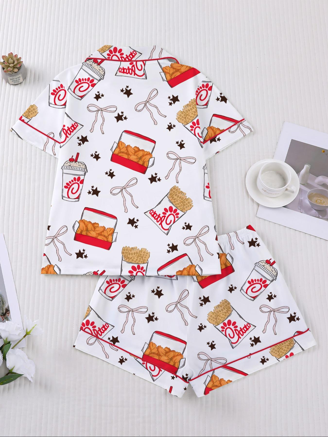 Women's Snack Chicken Bow Print Pajama Set, Short Sleeve Button-Up Soft Top & Loose Elastic Shorts, Casual Home Wear Loungewear for Daily Use Pyjamas