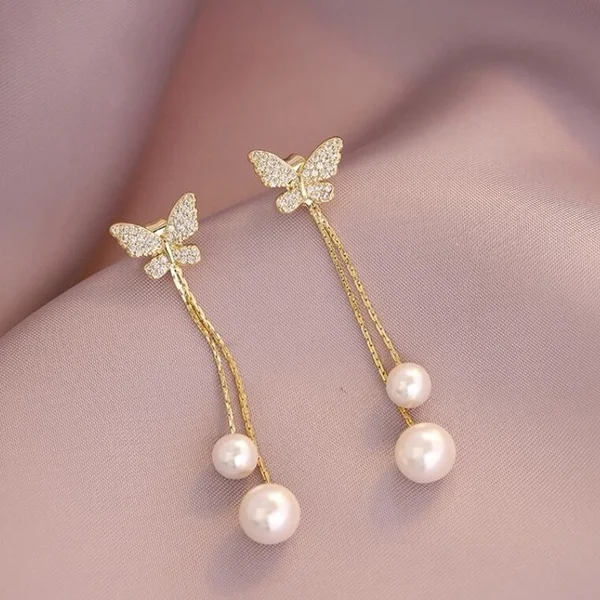 UsmallLifes King New Women&#39;s Trendy Butterfly Earrings Pearl Tassel Bride Elegant Temperament Evening Party Ear Dangler ELCNEPAL