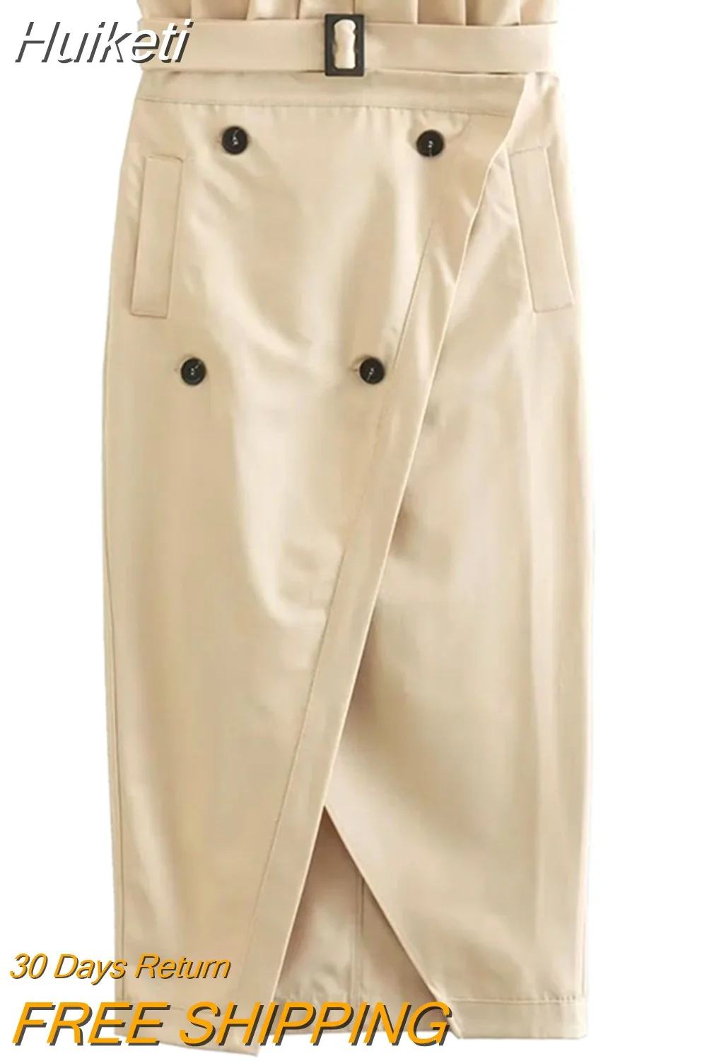 Huiketi Women Beige High Waist Midi Skirt Elegant With Belt Button Wrap Skirts Spring Female Casual Streetwear Chic Skirt Graphic