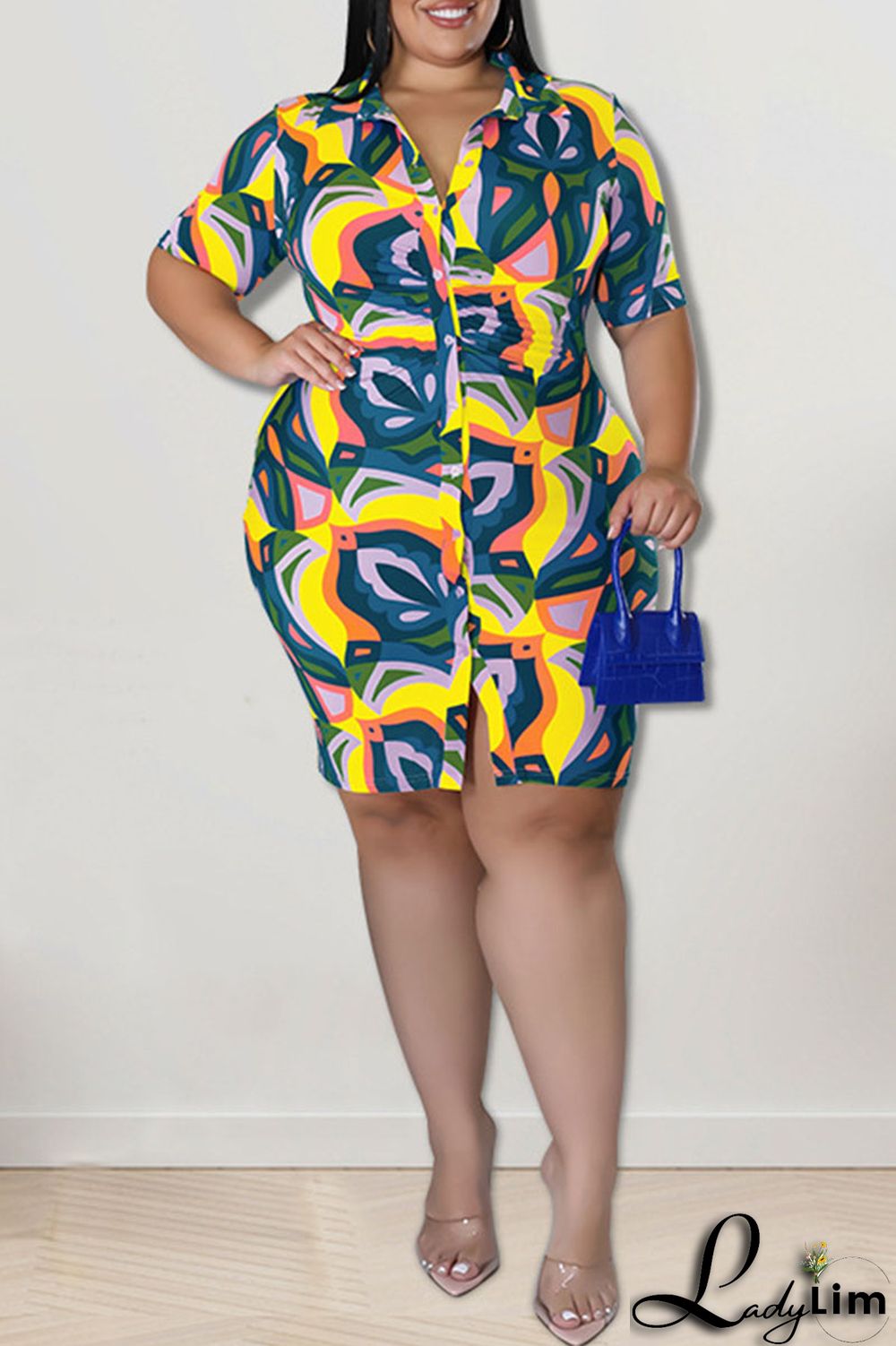 Coffee Casual Print Patchwork Buckle Turndown Collar Shirt Dress Plus Size Dresses