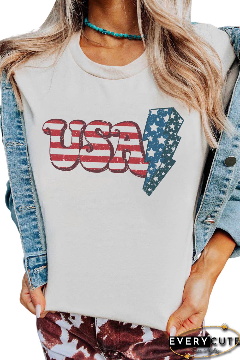 White USA Lightning Graphic Print Short Sleeve T Shirt