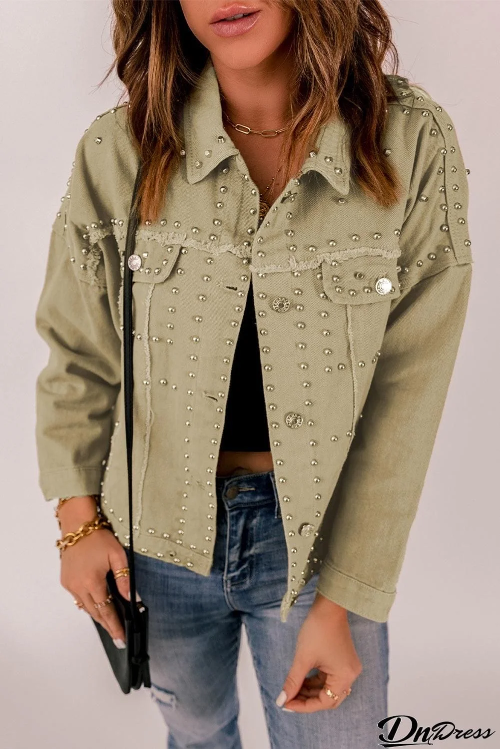 Frayed Trim Rivet Denim Jacket