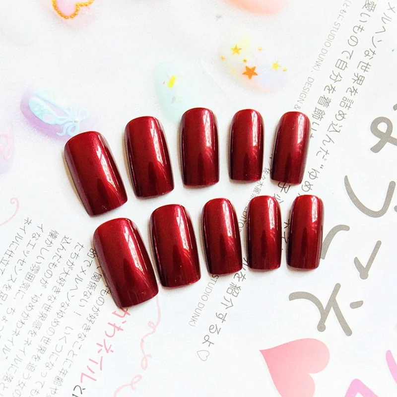 Specular Reflection Vampire Wine Red False Nails Shiny Square Long Solid Nail Tips with Glue Sticker Z431-Nail Inspo