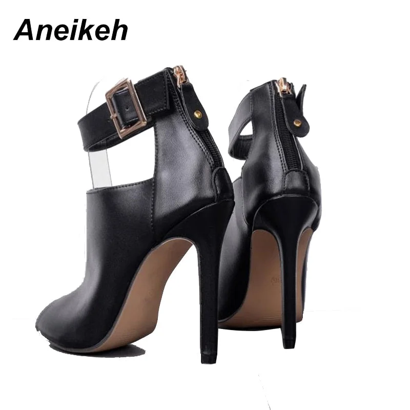 Aneikeh Gladiator Women Pumps Ladies Sexy Buckle Strap Roman High Heels Open Toe Sandals Party Wedding Shoes Size 41 42 Black