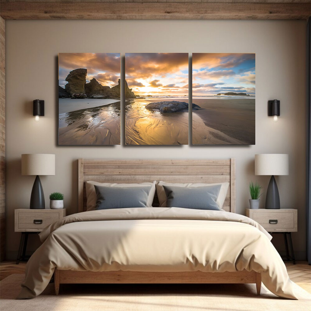 3-Piece Set Sea Stack Golden Beach Sunset Canvas Art