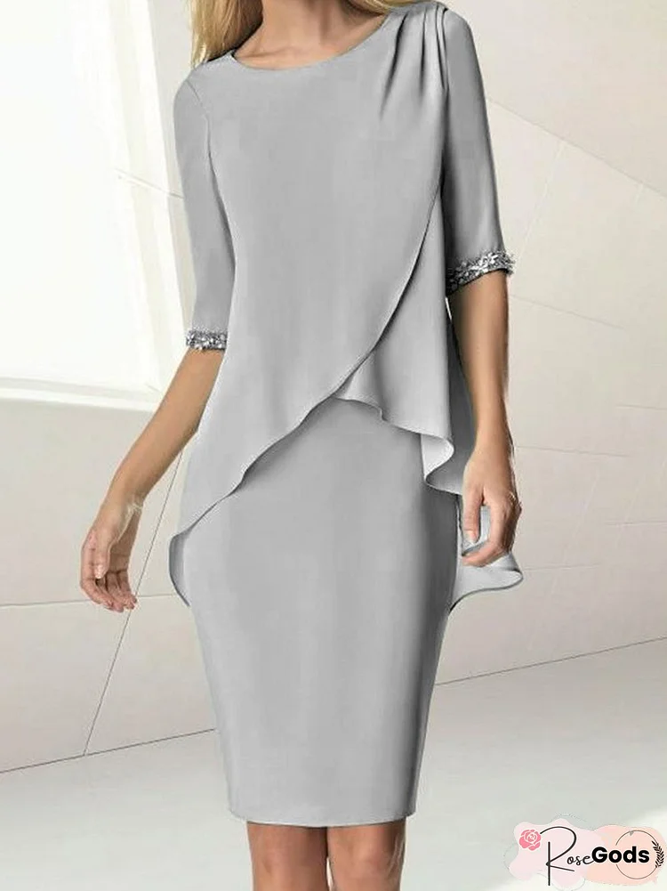 Elegant Plain Crew Neck Half Sleeve Formal Midi Dress
