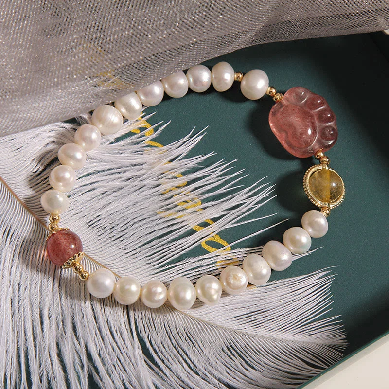 Pearl Strawberry Quartz Cute Paw Cat Claw Loyalty Bracelet