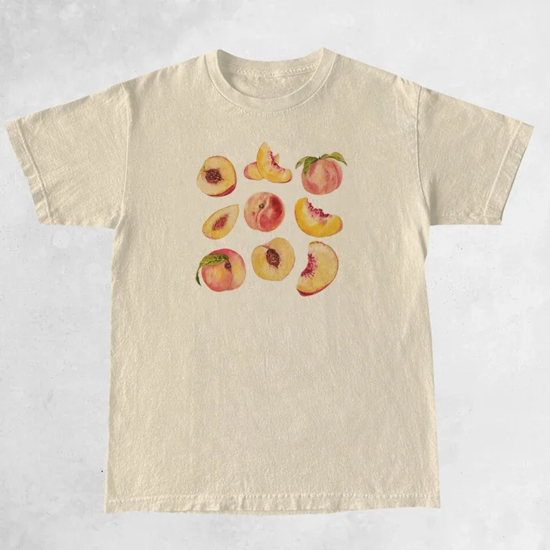 Vintage Peaches Printed Graphic Tees Women Cute T-Shirts Short Sleeve Retro Tops Clothes