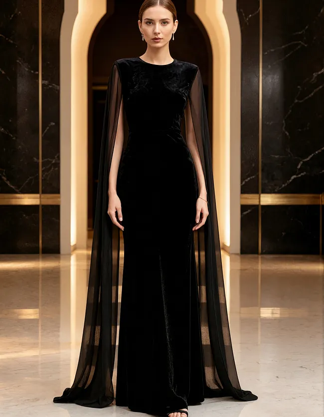 Cape dress for winter evening party