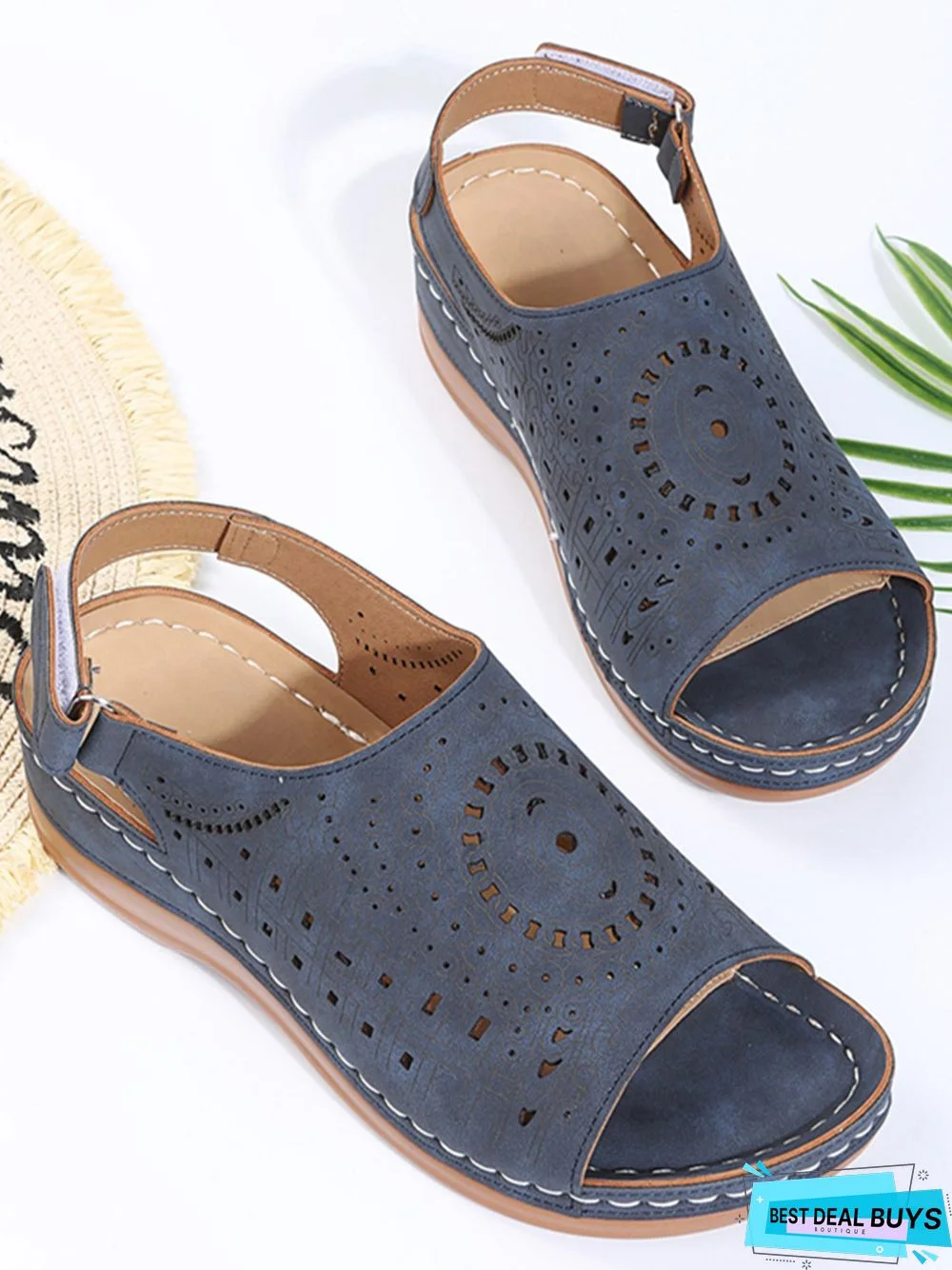 Ethnic Pattern Punched Hollow Velcro Vintage Sandals