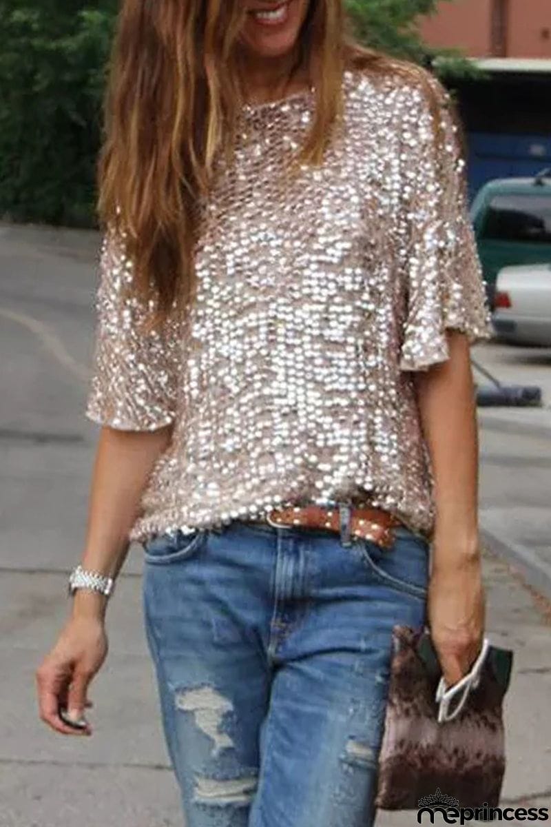 Casual Street Solid Sequins O Neck T-Shirts