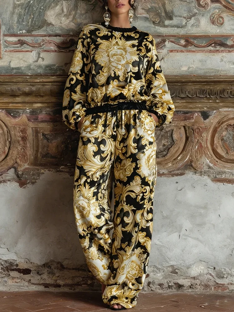 Baroque Floral Print Long-sleeved Top And Wide-leg Pants Loungewear Set