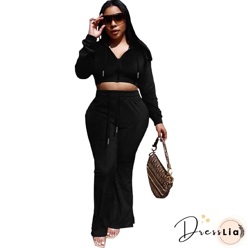 Zipper Hooded Jacket Flare Pants Velvet Two Piece Set