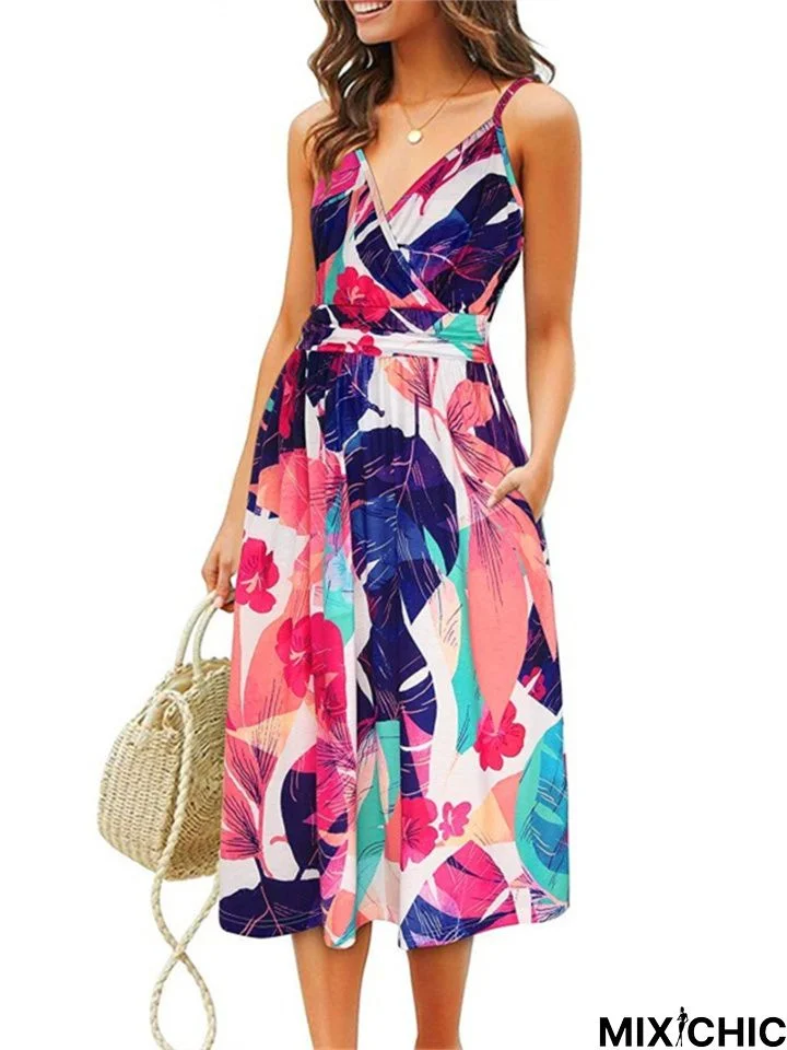 Temperament Print Suspender Loose Pocket Beach Skirt Dress Women