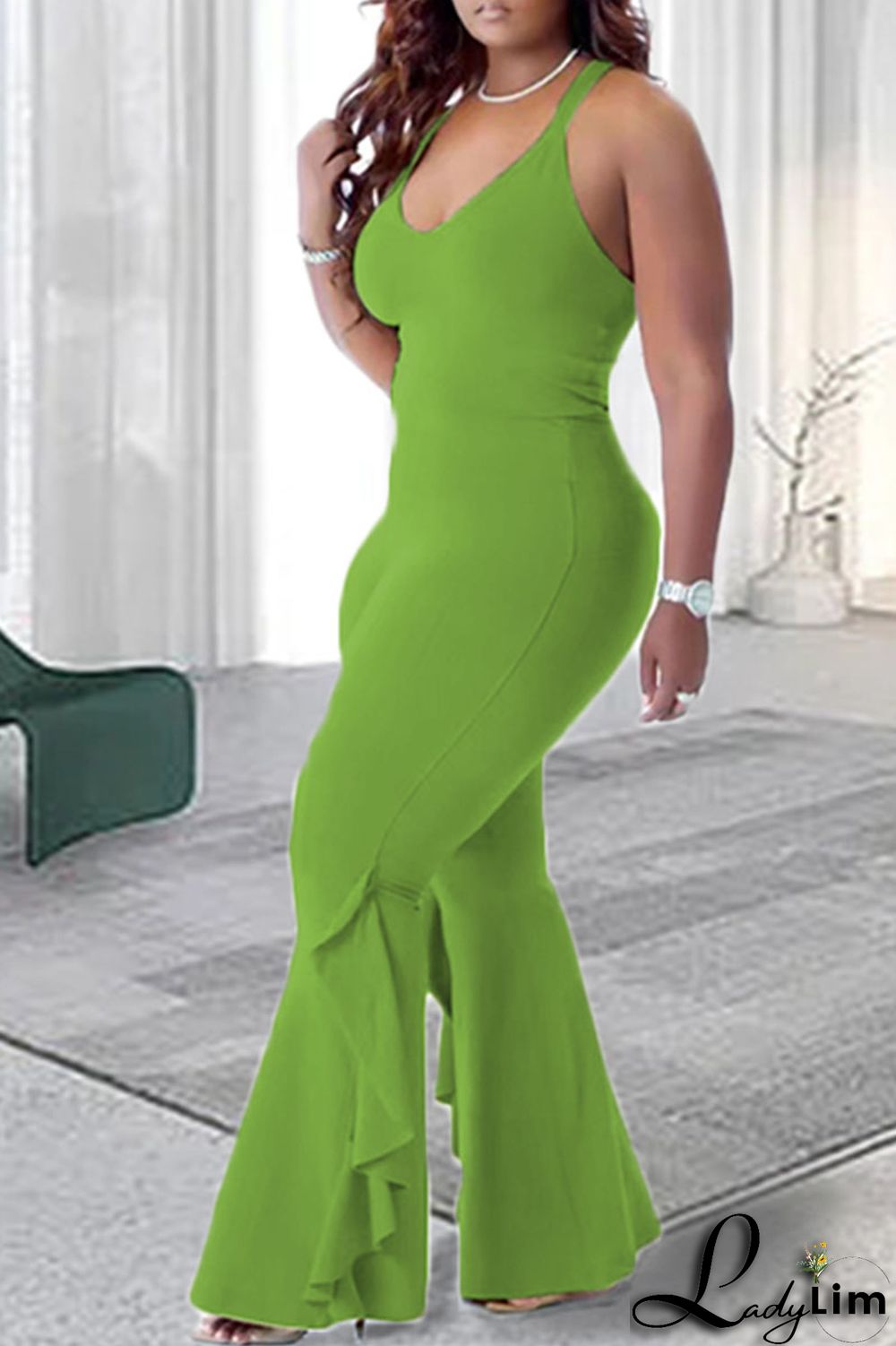 Tangerine Red Casual Solid Patchwork Flounce V Neck Plus Size Jumpsuits