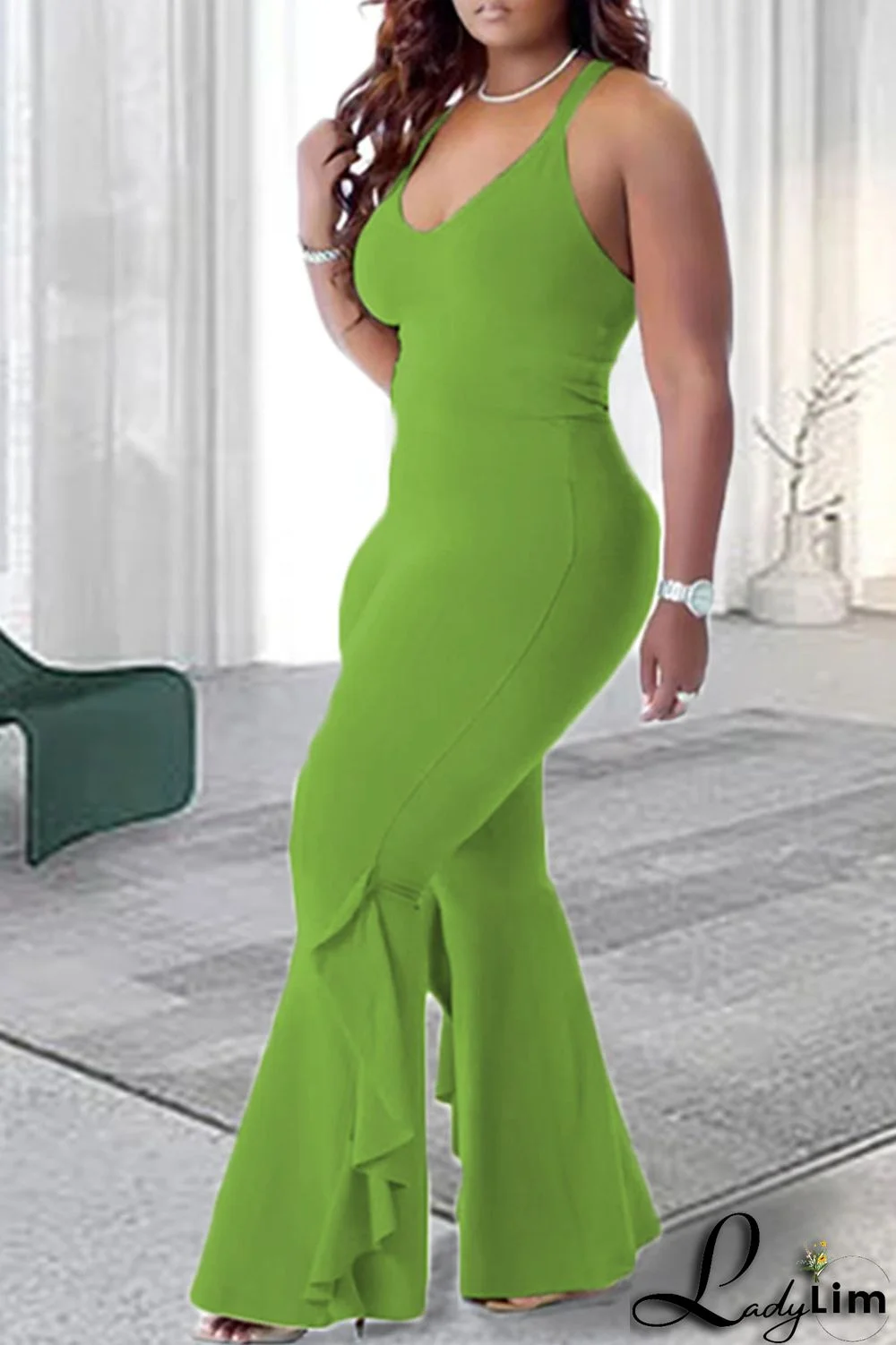 Tangerine Red Casual Solid Patchwork Flounce V Neck Plus Size Jumpsuits