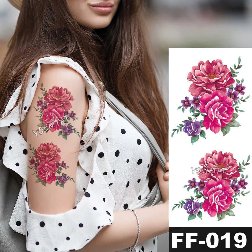 Sdrawing Flower Waterproof Fake 3D Rose Temporary Tattoos Dasiy Lily Kids Tattoo Sticker Girls Fake Arm Neck Jewels Tatoo Body Arm