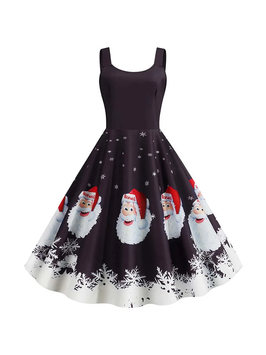 Christmas Dress Robe Santa Snowflake Print Spaghetti Straps Dress