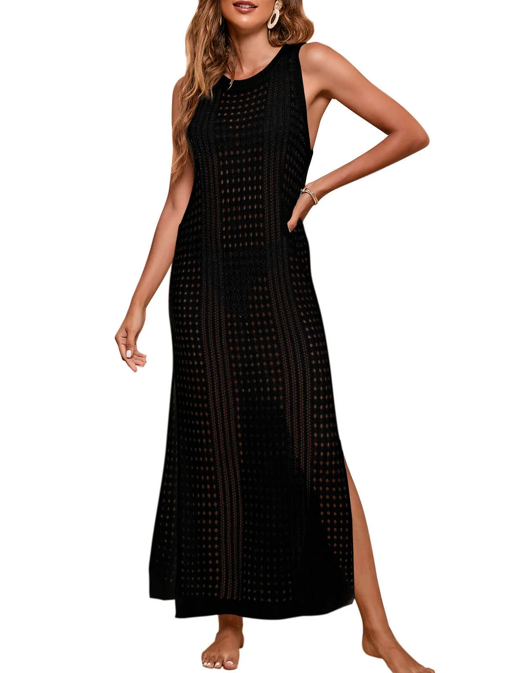 Athvotar Athvotar Beach Skirt Long Loose Solid Color Hollow Knitted Swimsuit Shirt Sunscreen Woman