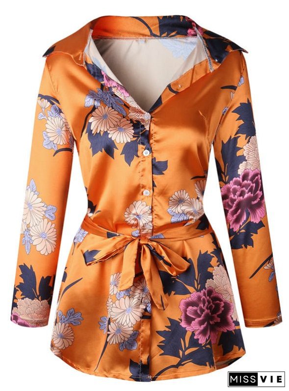 Floral Print Notched Dress Women Summer Long Sleeve Sexy Split