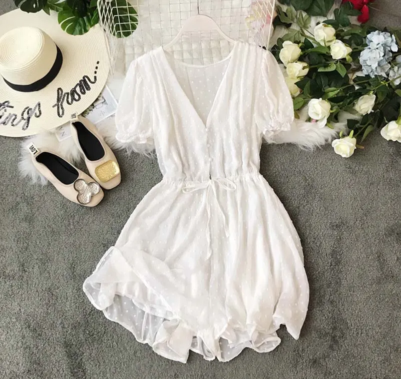NiceMix Women Polka Dot Chiffon Overalls Sashes Korean Short Sleeve V Neck Beach Rompers Loose Casual Summer Wide Leg Playsuits