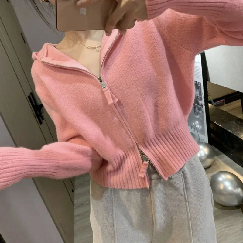 Uveng Uveng Zipper Sweater Jacket Cardigan 2024 Spring And Autumn Wear A Small Design Of Small Short Hooded Knitted Shirt