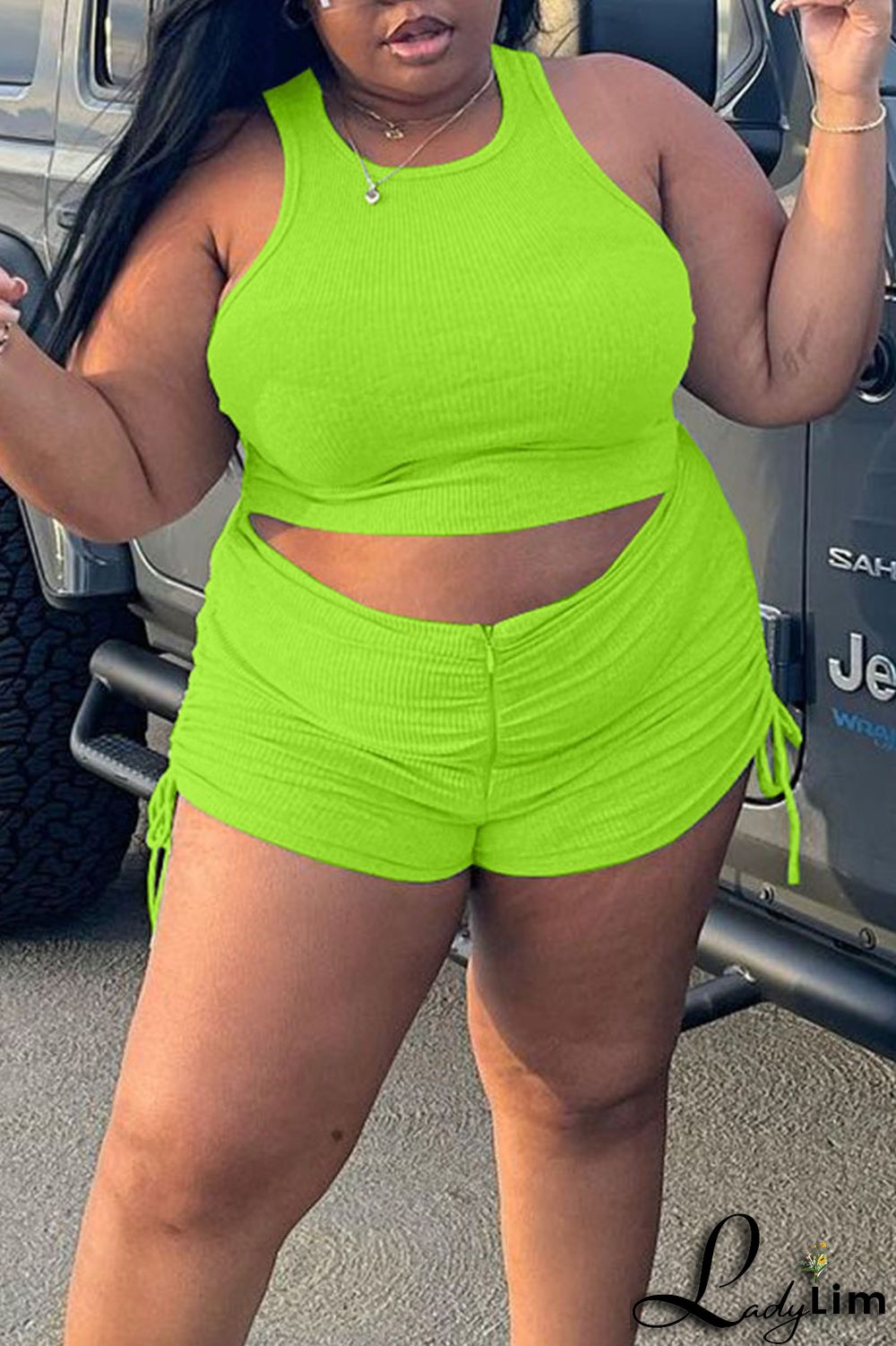 Fluorescent Green Casual Solid Split Joint O Neck Plus Size Two Pieces