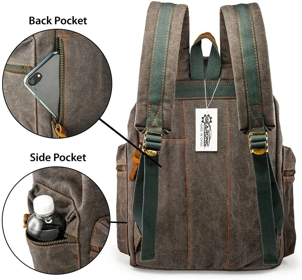 Vintage Canvas Backpack for Men Leather Rucksack Knapsack 15 inch Laptop Tote Satchel School Military Army Shoulder Rucksack Hiking Bag