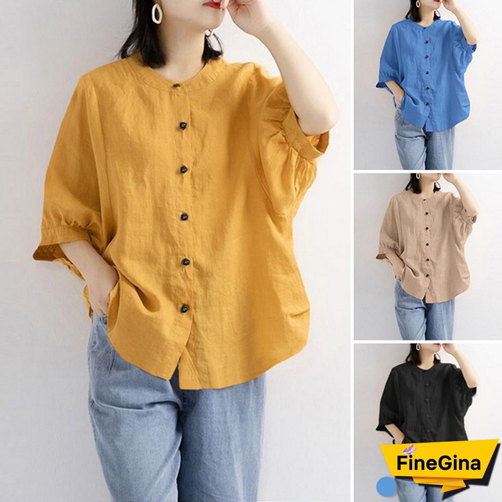ZANZEA Cotton Tops Spring Autumn Shirt 3/4 Sleeve Single Breasted Button Shirt Blouse Vintage Clothes