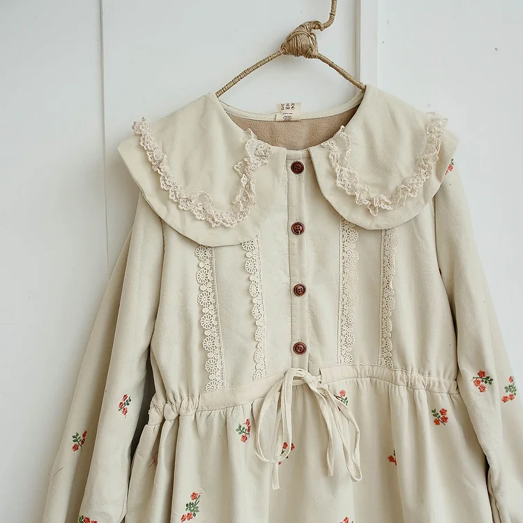 Queenfunky cottagecore style Cozycore Fleece Lined Corduroy Floral Embroidered Dress QueenFunky