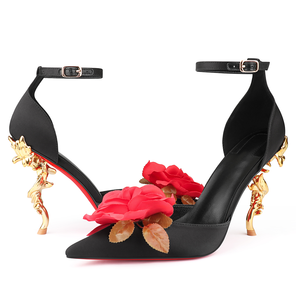 100mm Women's Rose Heel Strappy Pumps Metal Heel Red Bottom Shoes-MERUMOTE