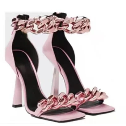 Black Square Toe Sandals Women Unique Thin High Heels Back Zip Open Toes Metal Chains Decor Runway Sandalias Big Plus Szie 43