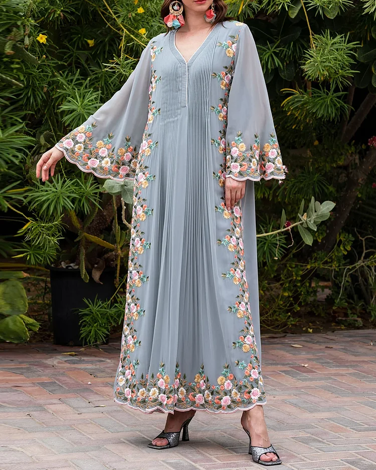 Multicolour Floral Embroidery Kaftan With Pintucks Detailing